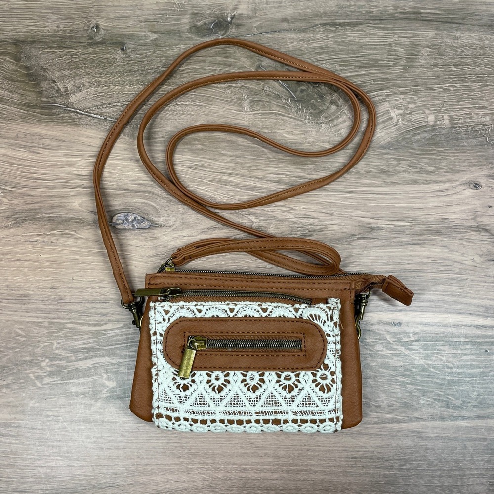Brown‎ Faux Leather Lace Accent Crossbody Bag Women Small Shoulder Purse